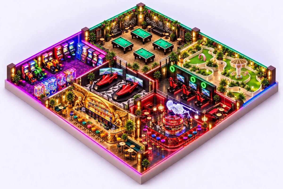 Kulečník, simulátory formule a GT, minigolf, arkády, Tiki Bar a Hell Bar.